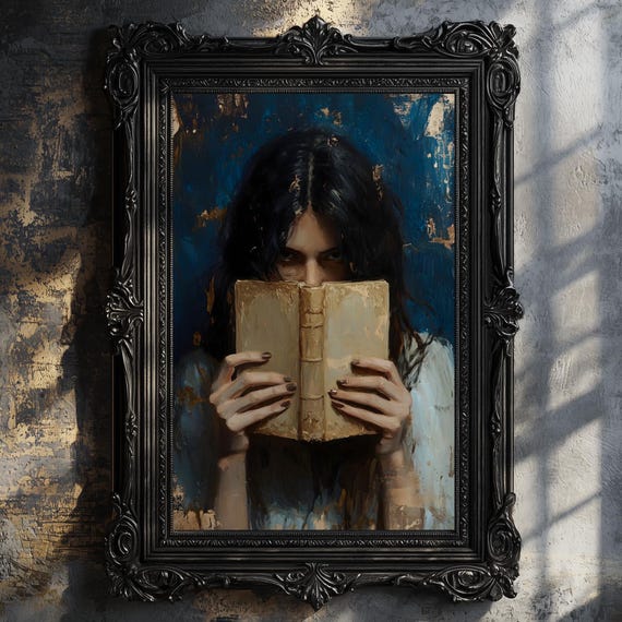 Victorian Woman Bookish Wall Art Print Dark Academia Reading Decor Librariancore Wall Art Moody Reading Nook Painting Book Lover Gift