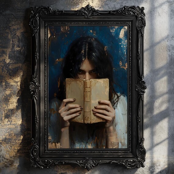Woman Hiding Behind Old Book Moody Blue Bookish Goth Art Poster