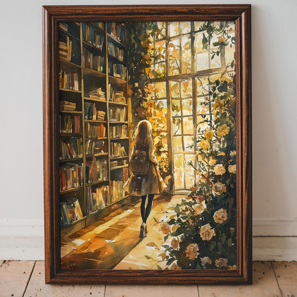Golden Hour Library Girl Backpack Glowing Window Roses Poster