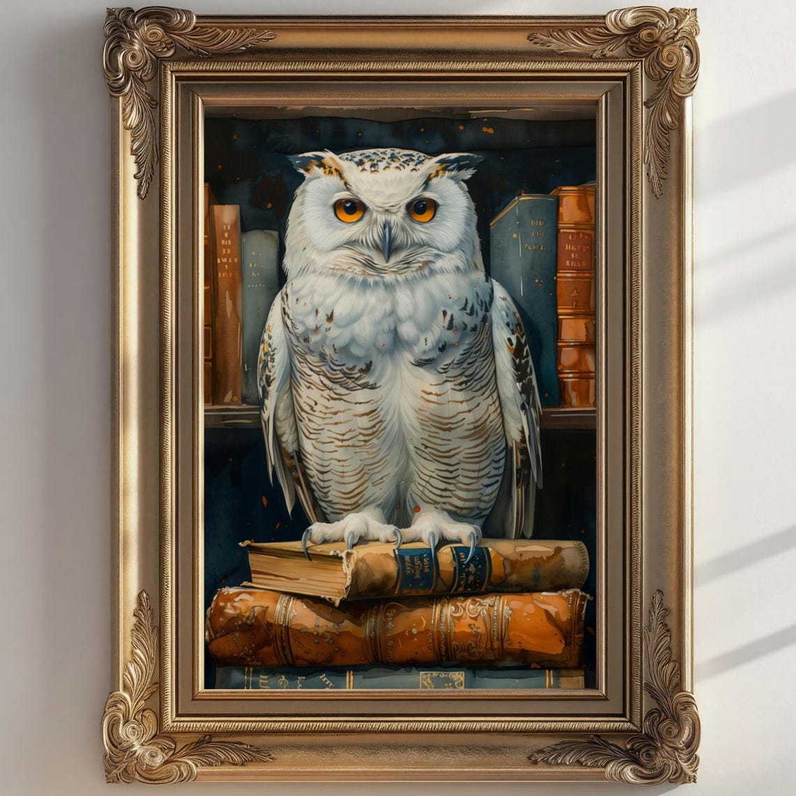 Snowy Owl Golden Eyes Antique Books Library Bookish Wall Art