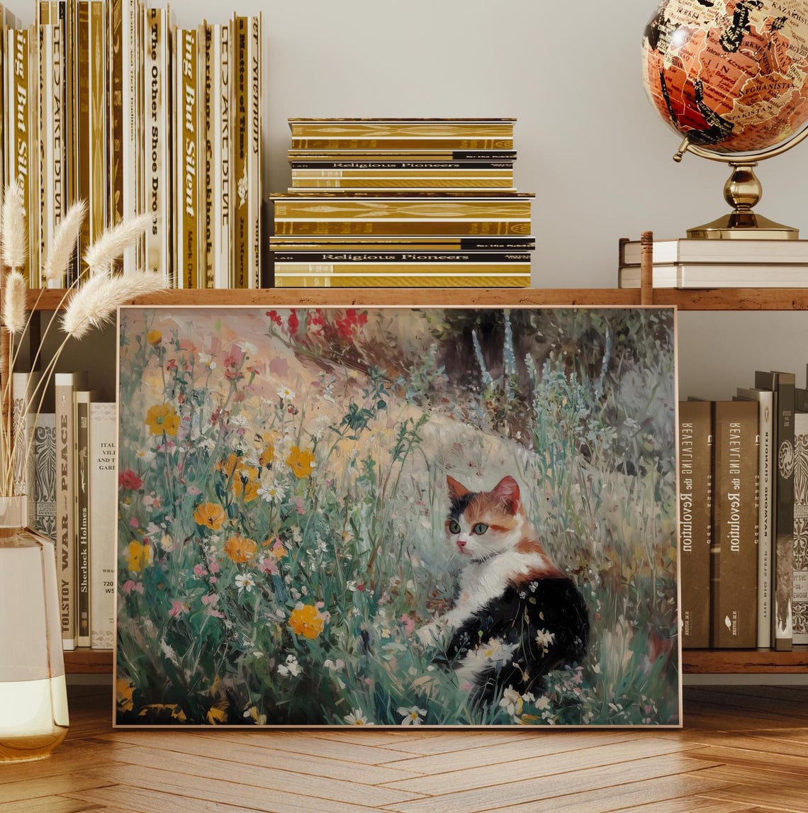 Cat Floral Painting Vintage Cottagecore Art Flowers Landscape Painting Animal Art Print Vintage Print Cat Wall Art Cat Lover Gift