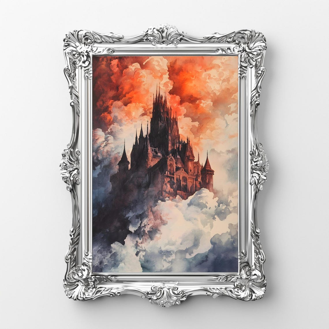 Fantasy Castle Above Clouds Fiery Orange Sky Gothic Watercolor Poster - Image 2