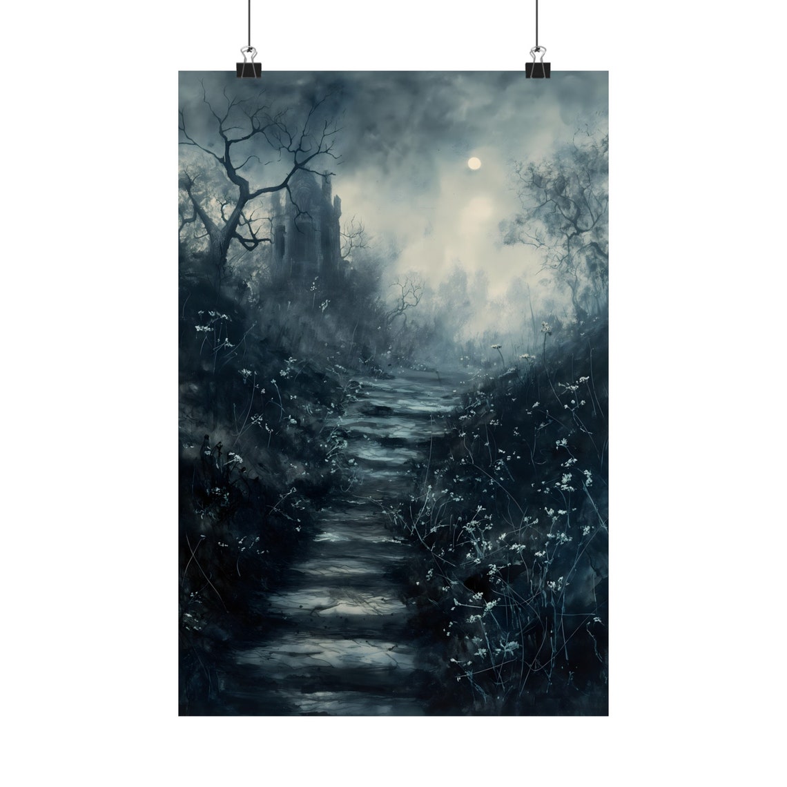 Haunted Castle Path Under Full Moon Foggy Dark Trees Gothic Art Print - Image 2