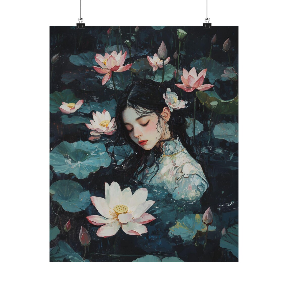 Asian Ophelia Among Pink Lotus Blossoms Dark Pond Night Painting Art Print - Image 2