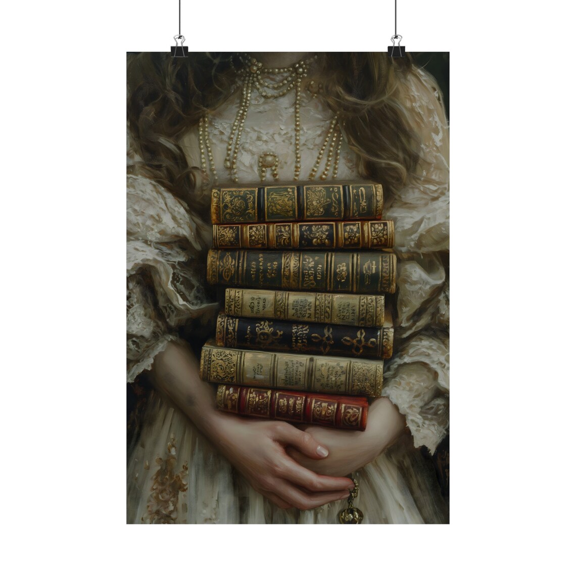 Bookish Woman Holding Stack Of Antique Books Vintage Library Wall Art Poster - Image 2