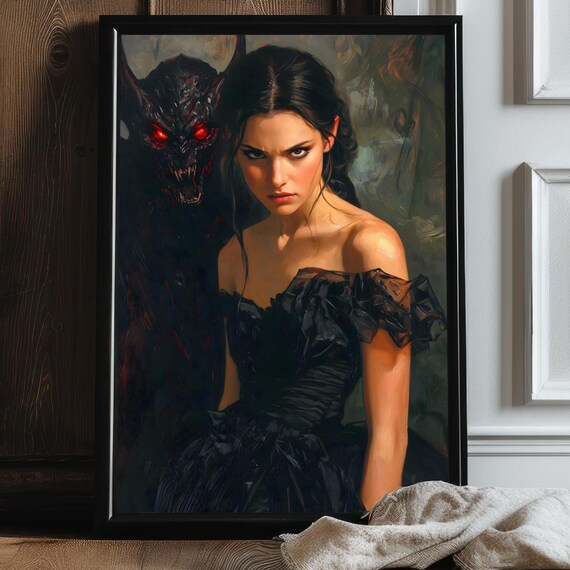 Dark Gothic Demon Woman Gothic Home Decor Dark Academia Art Spooky Female Portrait Creepy Wall Art Goth Moody Victorian Wall Art