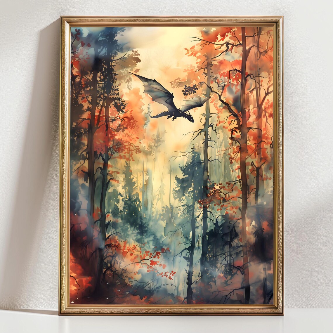 Forest Dragon Watercolor Print, Dark Academia Fantasy