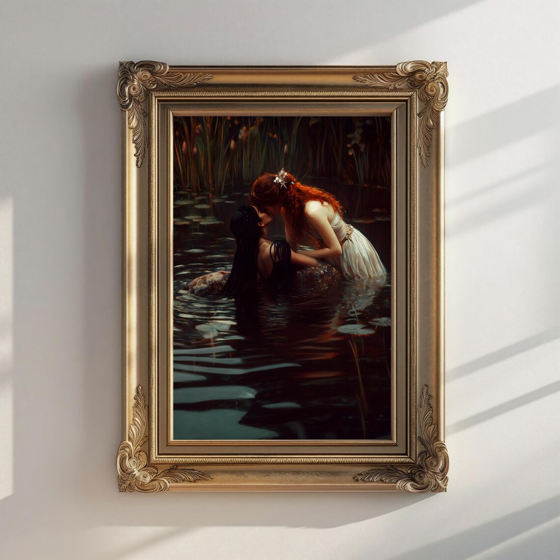 Girlfriends Dark Lake Embrace Dusk Reeds Romantic Oil Painting Print - Image 3