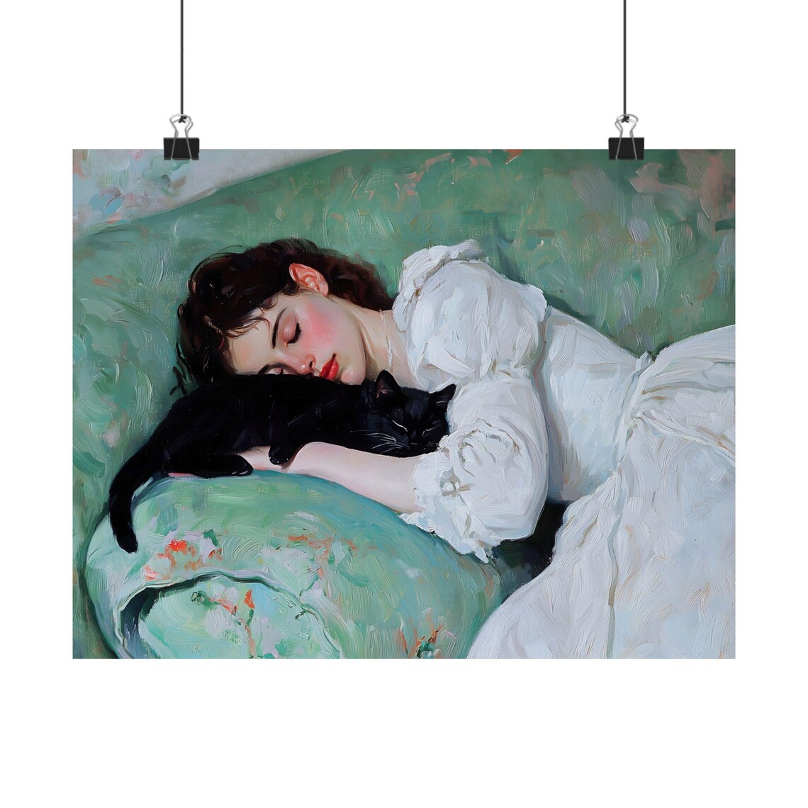 Woman In White Dress Napping With Black Cat Green Couch Painting Print