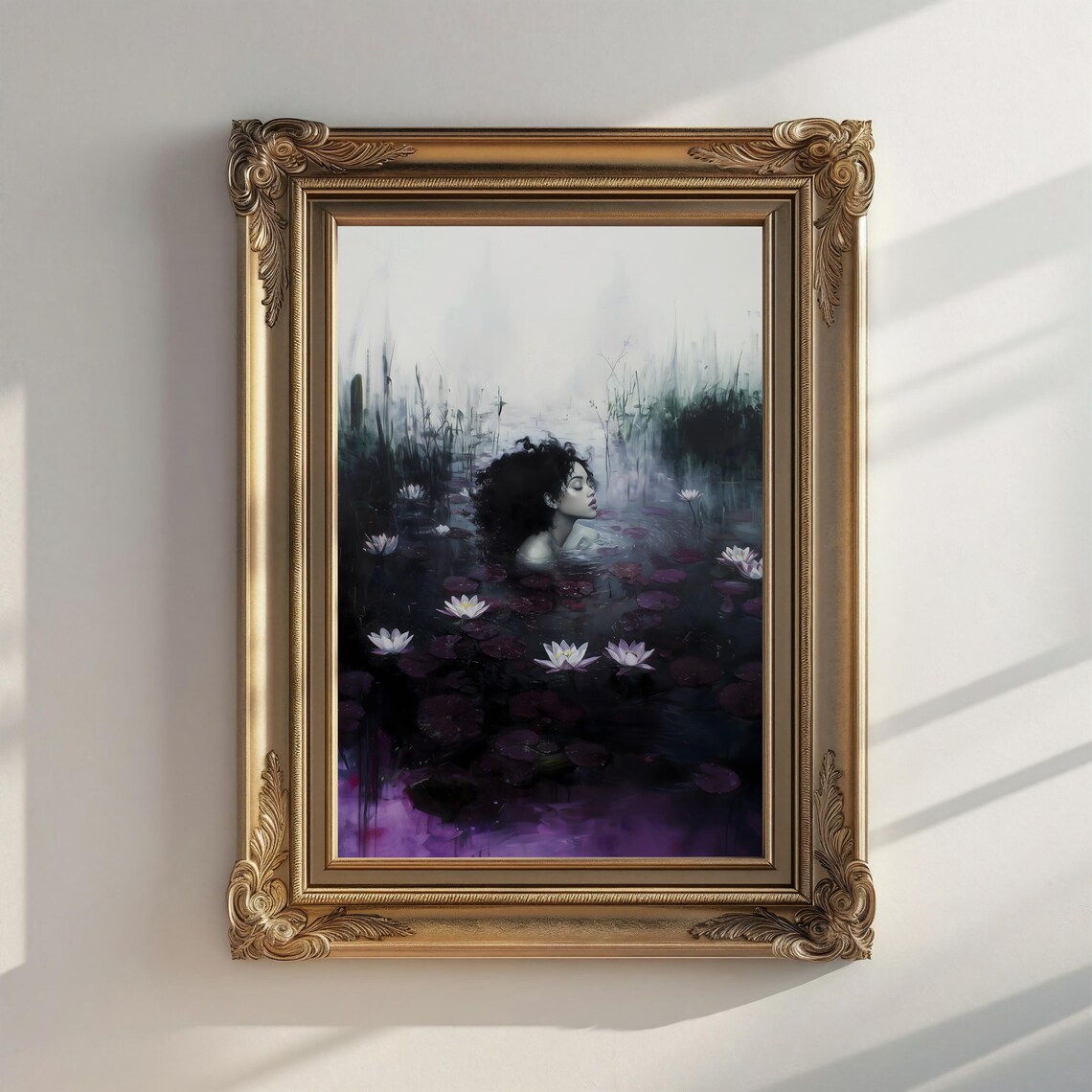Woman in Profile Submerged Among White Water Lilies Dark Pond Print - Image 2