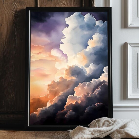 Violet Sunset Storm Clouds Dramatic Moody Sky Watercolor Art Print