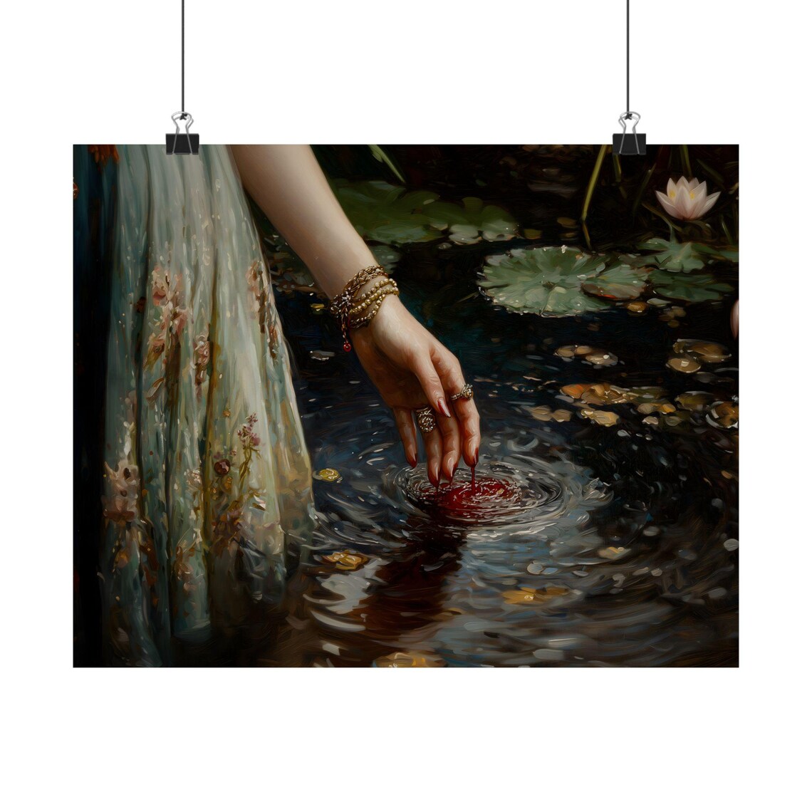 Lady Macbeth Bloody Hands Lily Pond Dark Gothic Oil Painting Print - Image 2