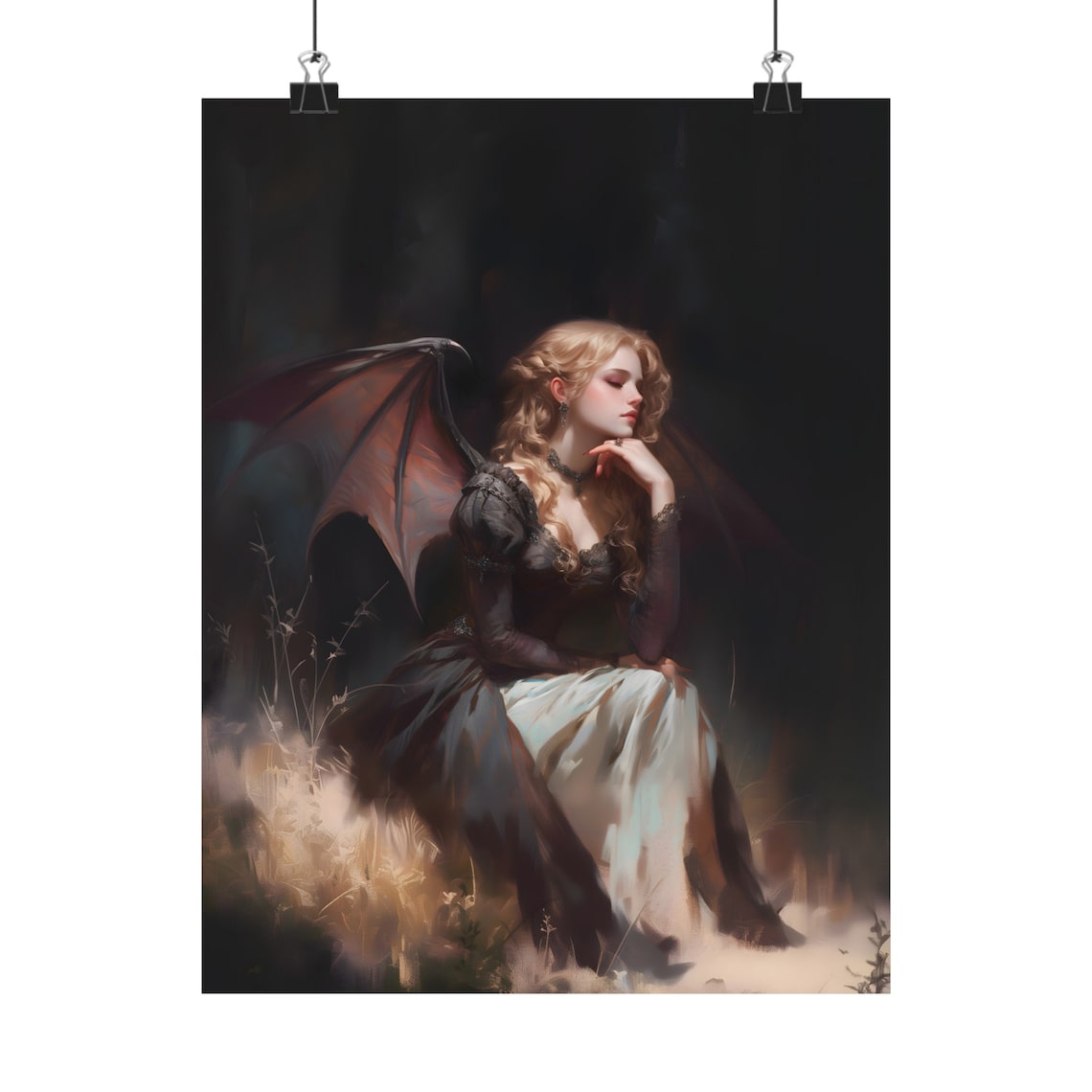 Blond Succubus Bat Wings Black Dress Moonlit Gothic Oil Painting Print - Image 3