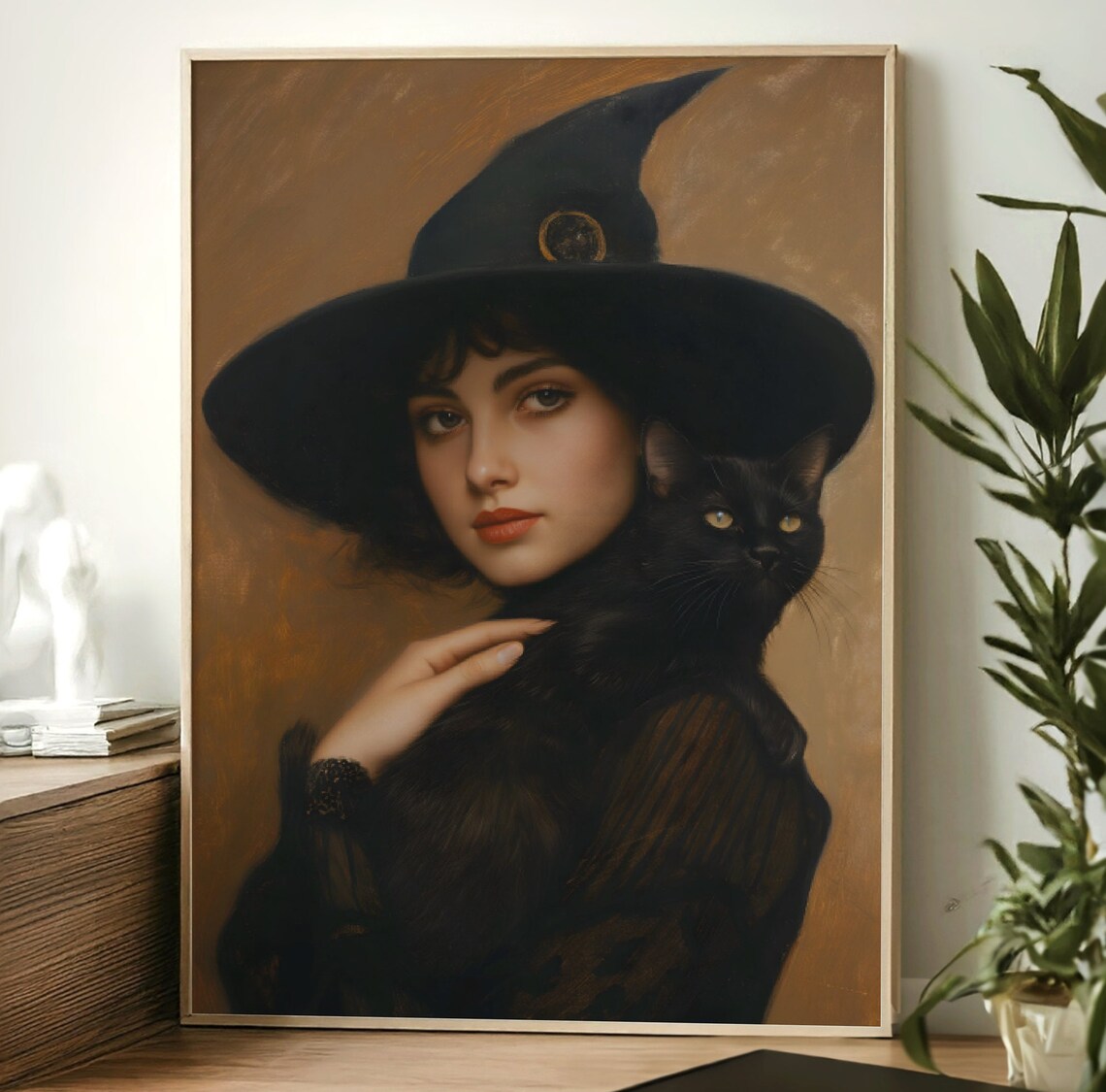 Moody Witch Portrait With Black Cat Wide Brim Hat Gothic Victorian Poster - Image 3
