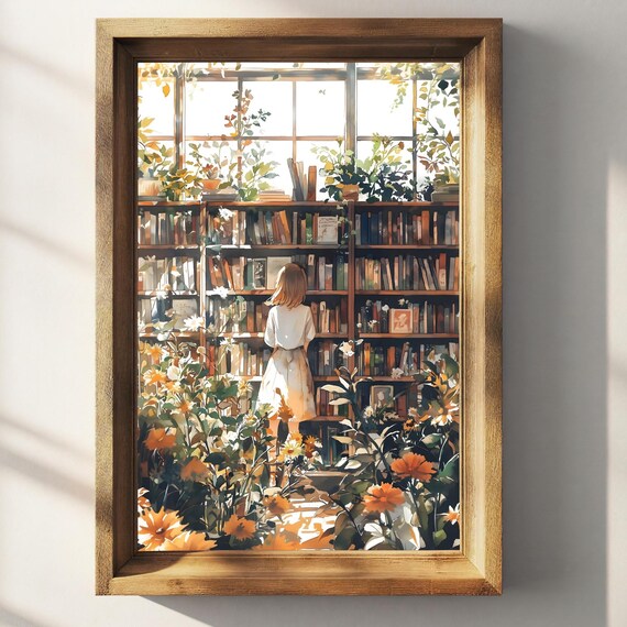 Anime Girl Browsing Books Greenhouse Library Wildflowers Art Poster