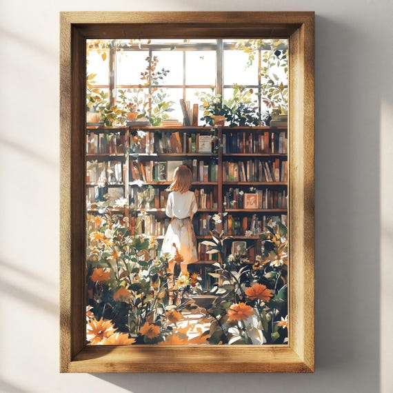 Aquarell Library Poster Greenhouse Library Reading Book Lovers Gift Bookish Wall Art Retro Book Lovers Art Library Wallart Gift Idea