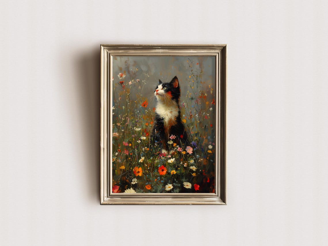 Cat Floral Painting Vintage Cottagecore Art Flowers Landscape Painting Animal Art Print Vintage Print Cat Wall Art Cat Lover Gift - Image 3