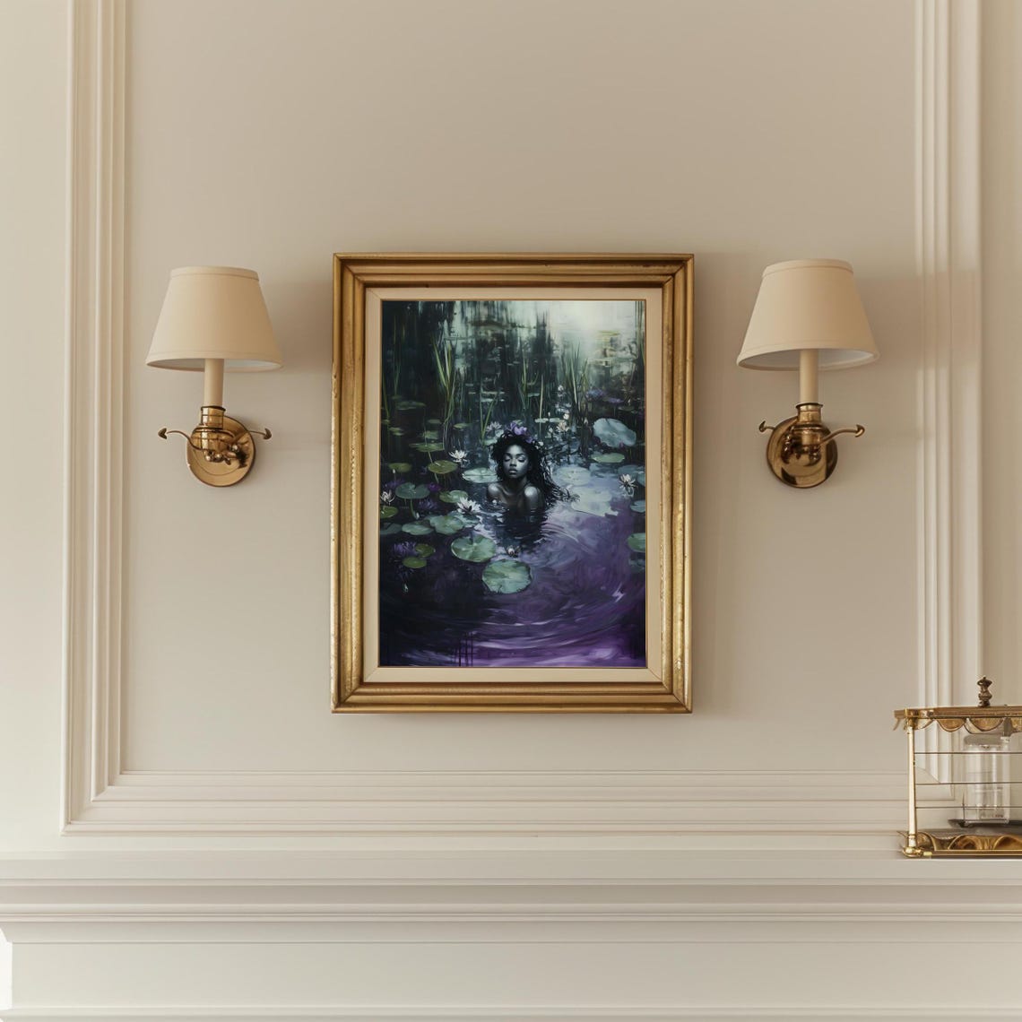 Black Ophelia With Flower Crown in Purple Lily Pond Night Print - Image 2