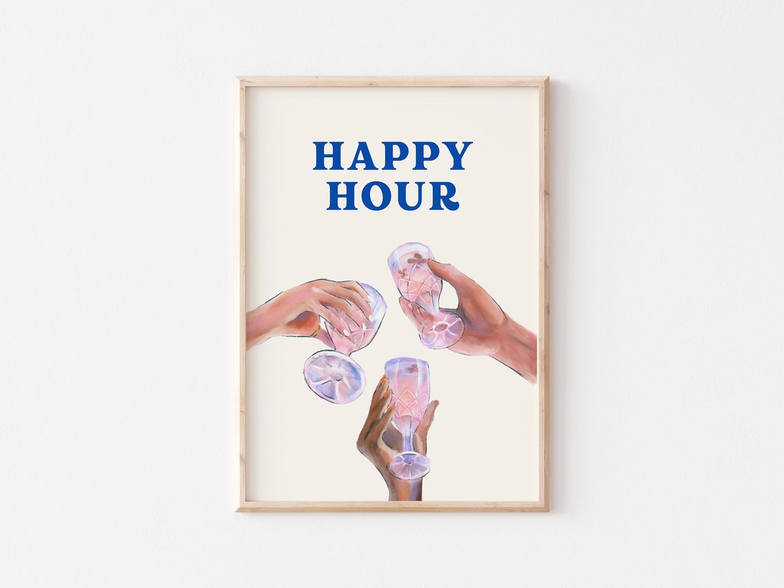 Happy Hour Blue Typography Cocktail Coupe Toast Bar Cart Poster - Image 5