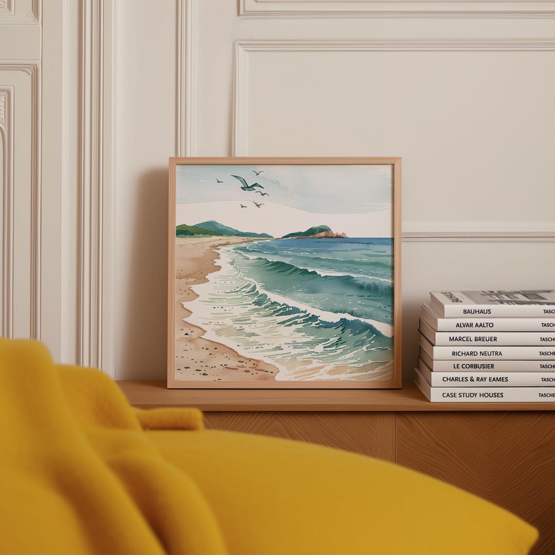Muted Watercolor Beach Waves With Seagulls Coastal Beach Poster - Image 2