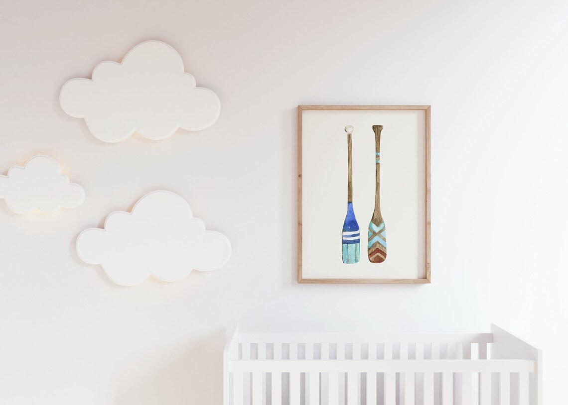 Two Painted Wooden Oars Blue Turquoise Watercolor Nautical Decor Poster - Image 2