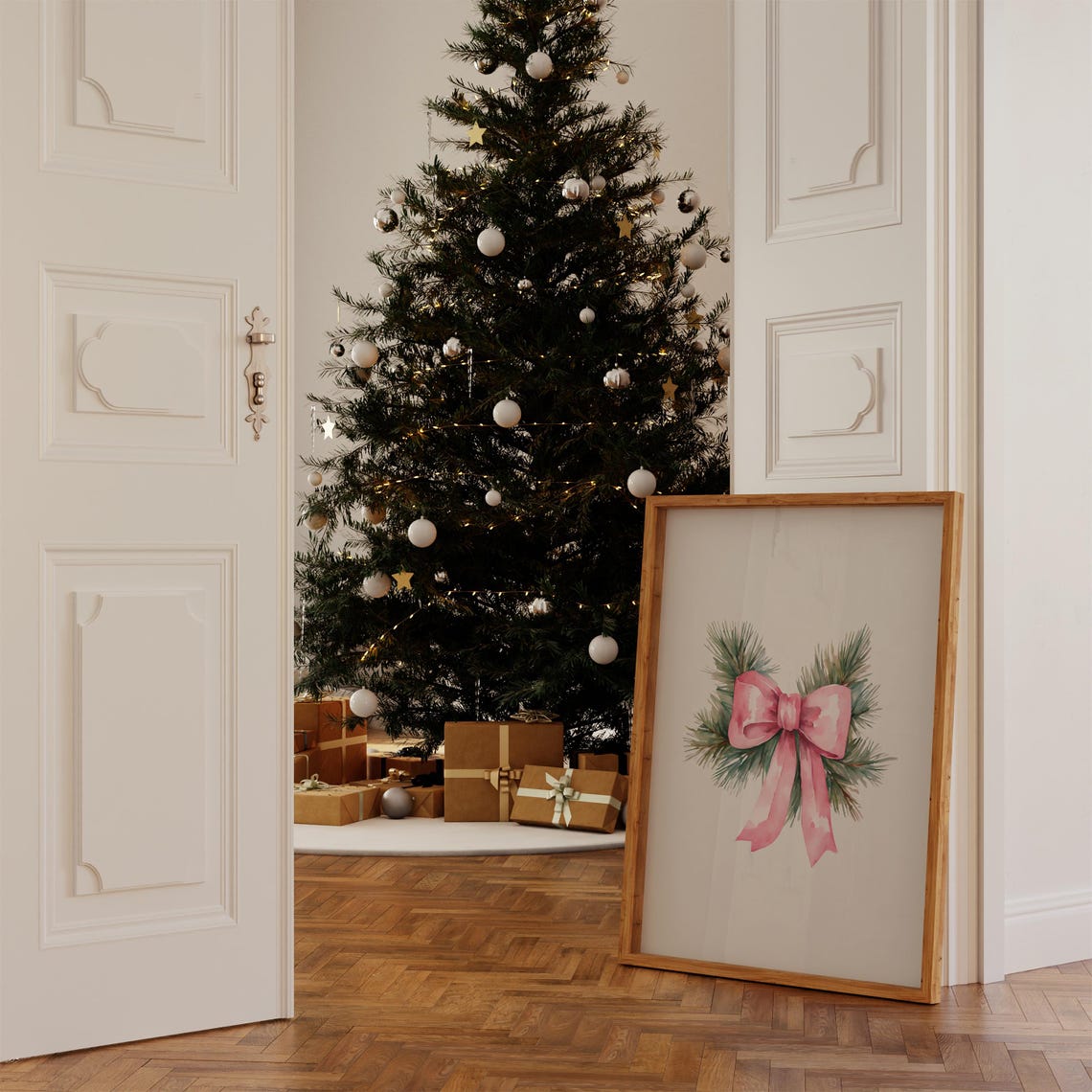 Coquette Pink Bow Pine Sprig Watercolor Christmas Decor Poster - Image 2