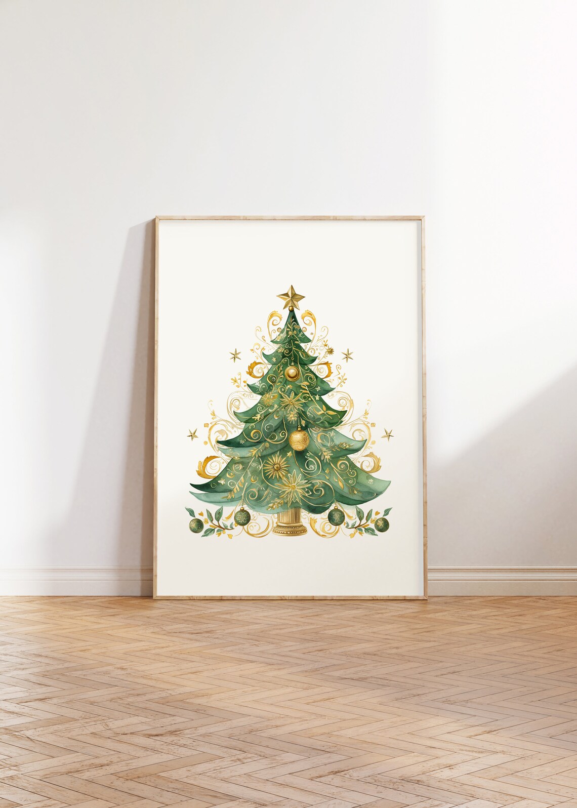 Elegant Gold Swirl Watercolor Christmas Tree With Ornaments Poster - Image 3