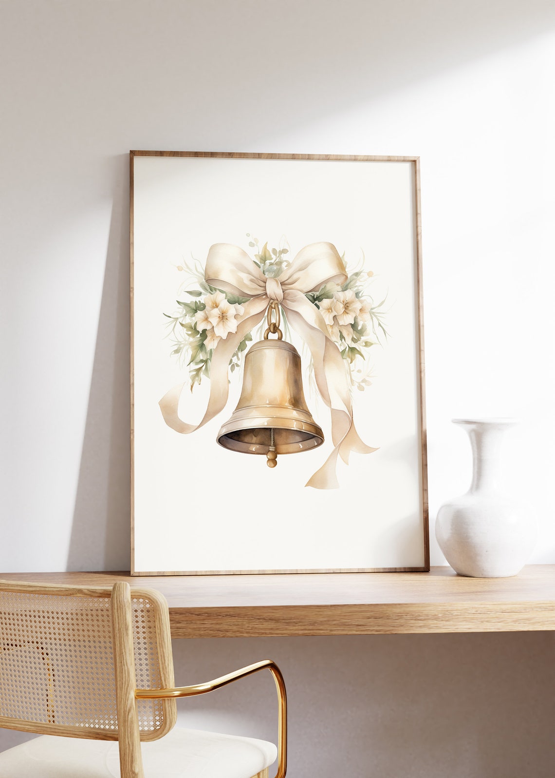 Watercolor Brass Easter Bell With Cream Bow And White Florals Poster - Image 4