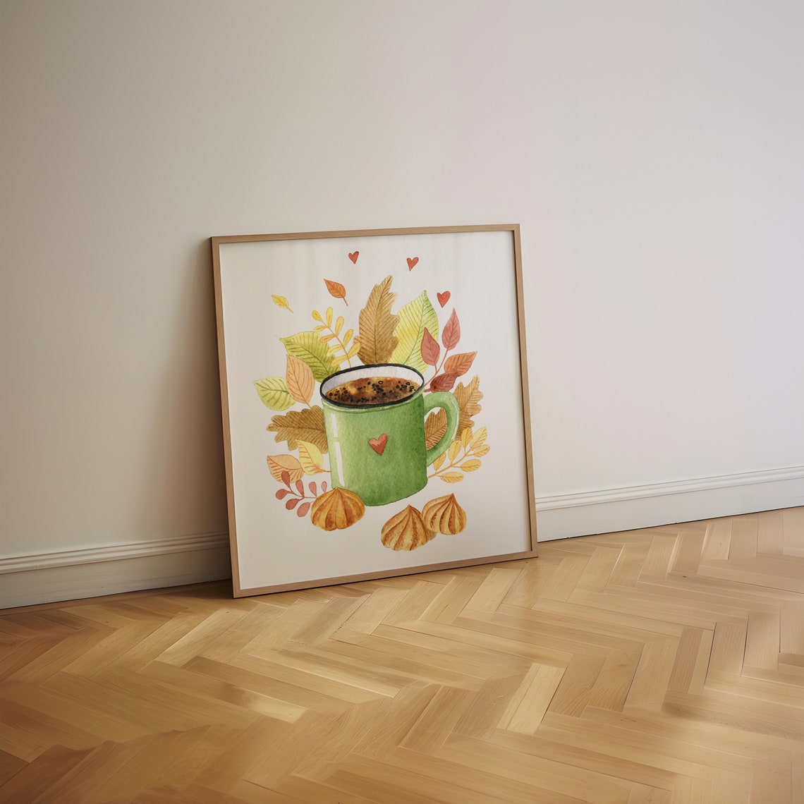 Green Cocoa Mug With Fall Leaves Watercolor Cozy Kitchen Poster - Image 3