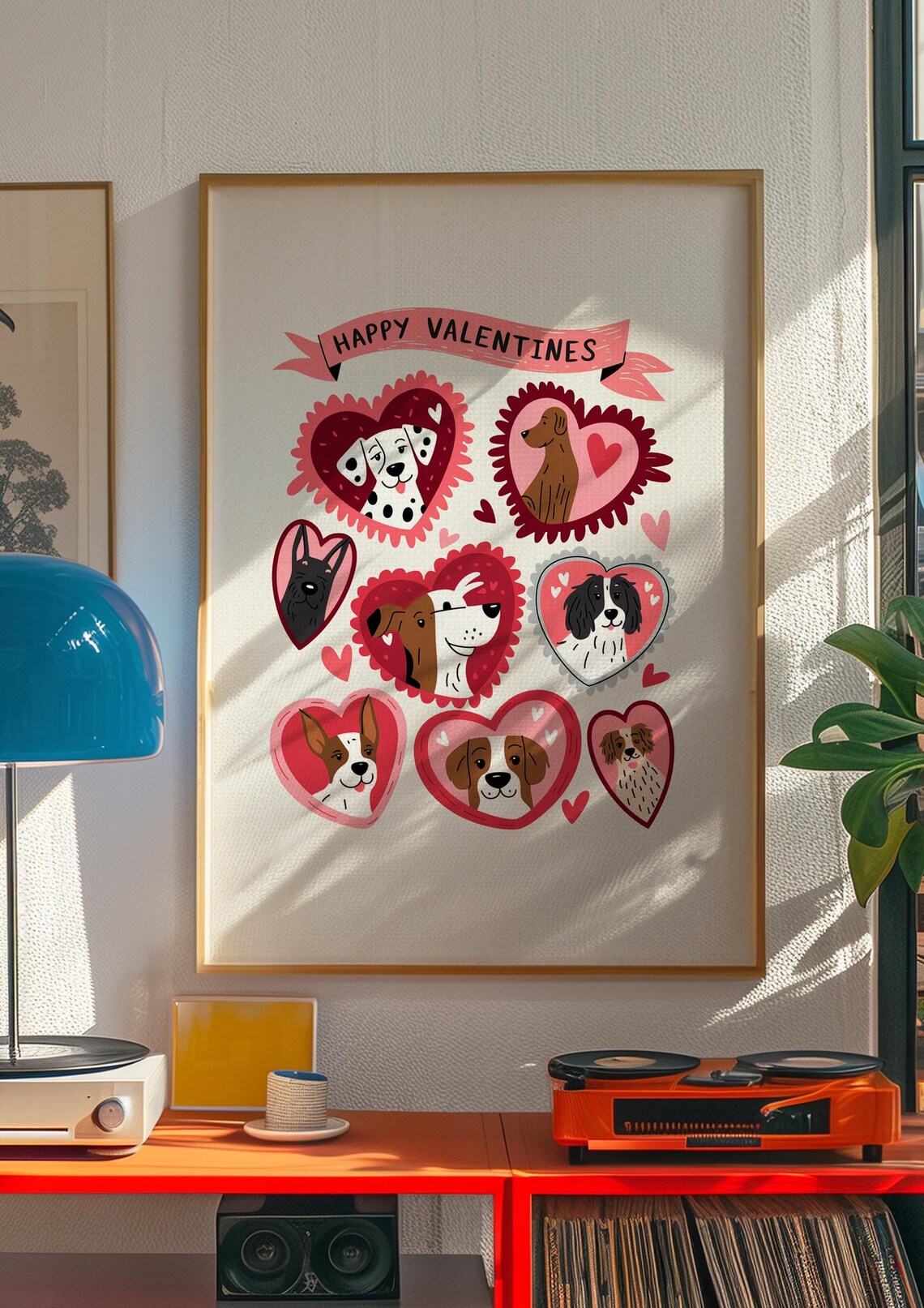 Happy Valentines Cute Dogs in Pink Hearts Illustration Poster - Image 2