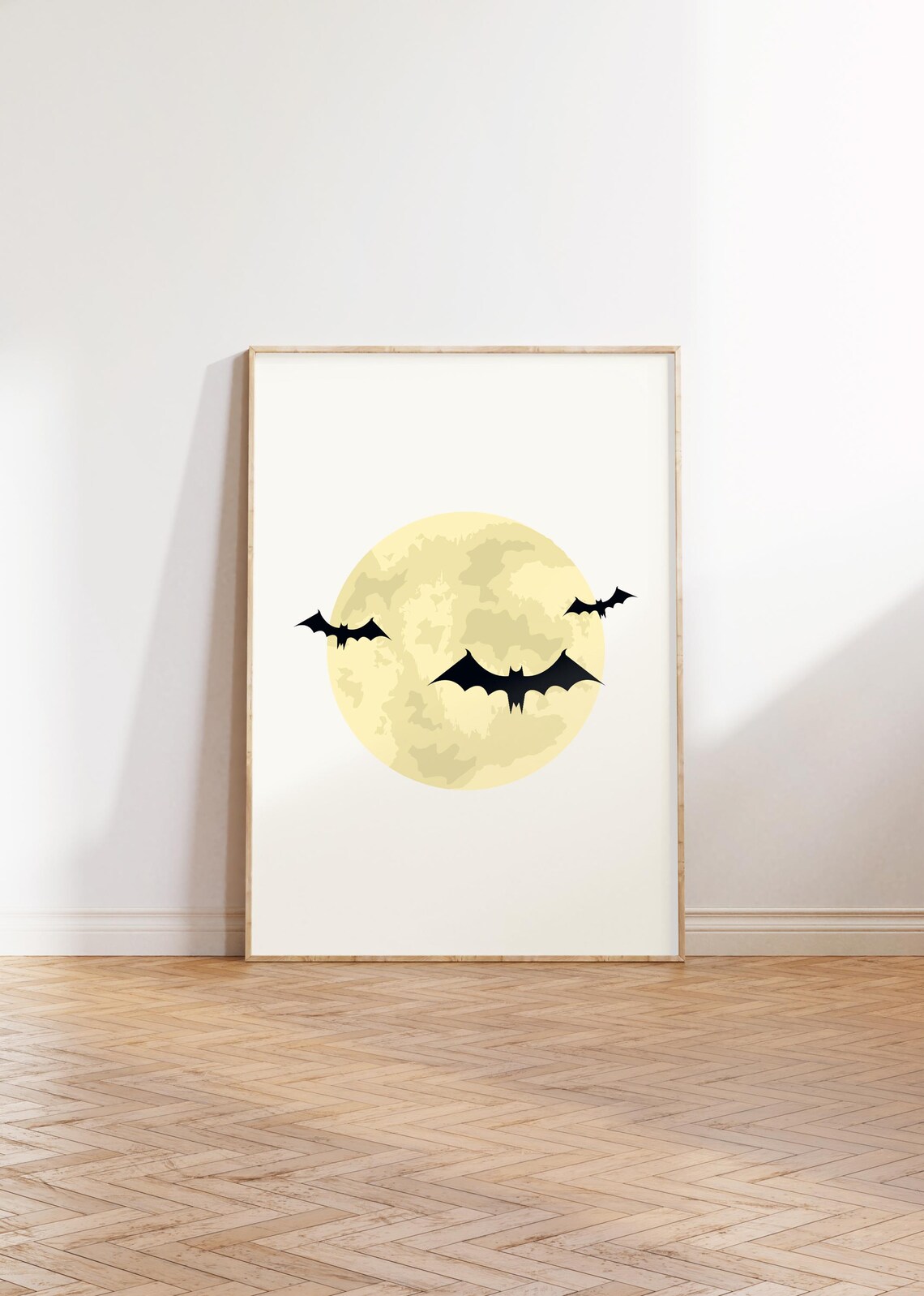 Bats Flying Over a Golden Full Moon Neutral Minimalist Halloween Poster - Image 3