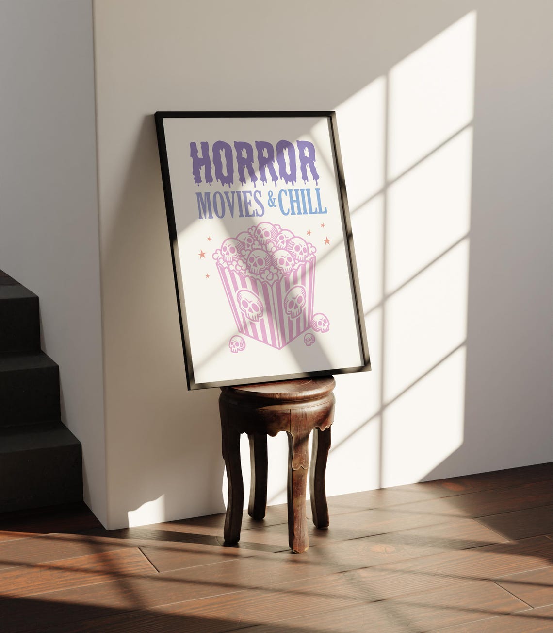 Horror Movies And Chill Pastel Skull Popcorn Halloween Poster - Image 4