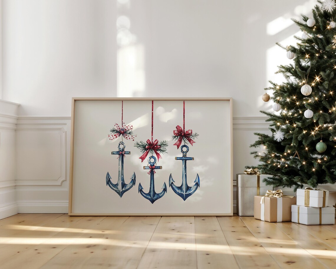 Watercolor Christmas Anchor Ornaments Coastal Holiday Poster Trio Set - Image 5