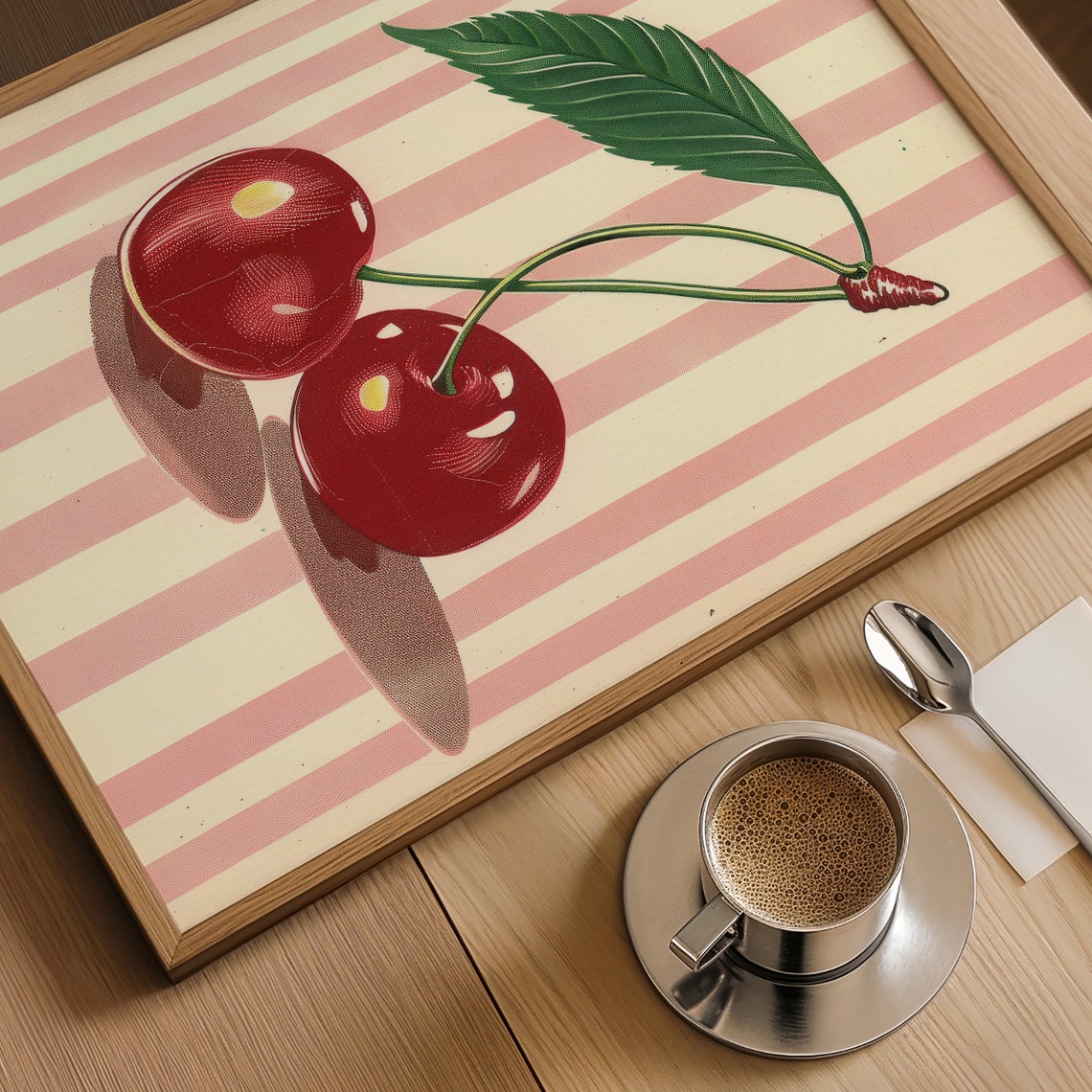Vintage Cherry Pair Pink Striped Background Retro Art Poster - Image 3