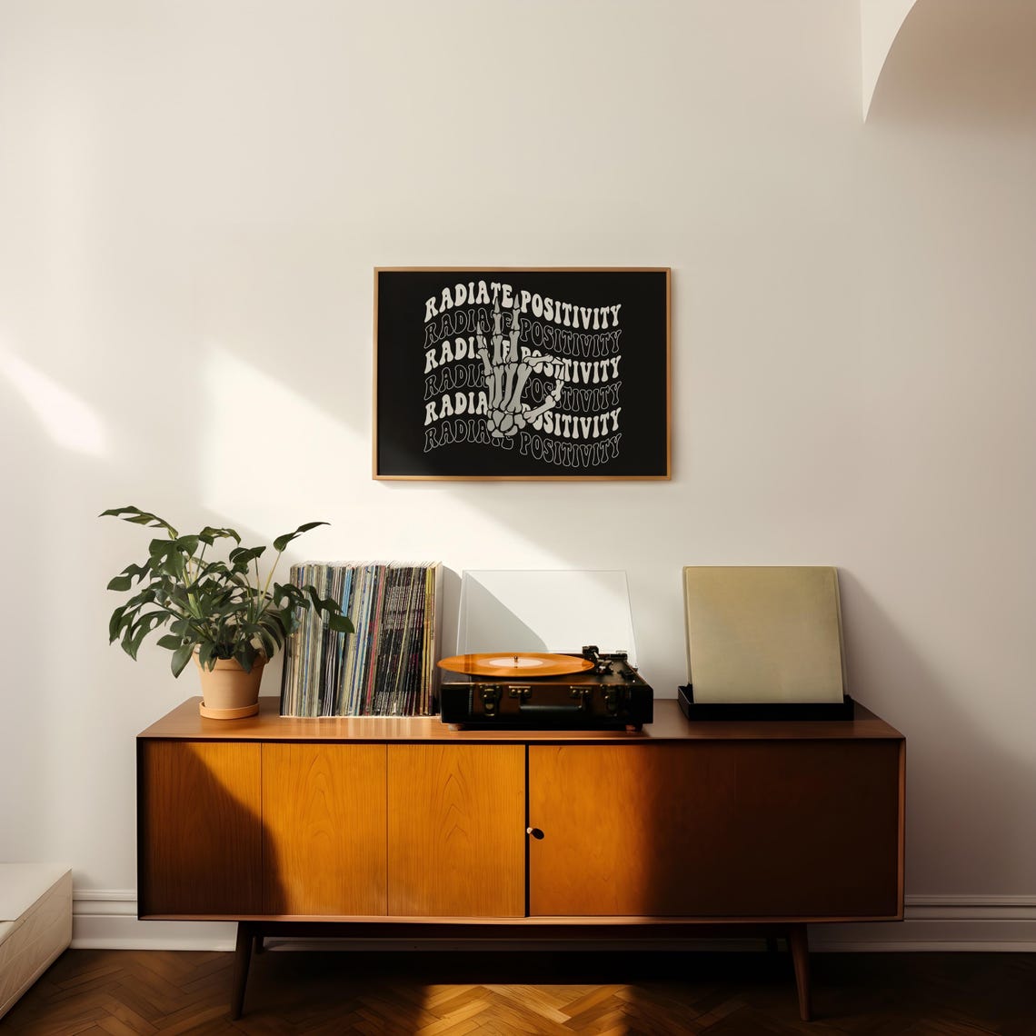 Radiate Positivity Skeleton Peace Hand Retro Halloween Poster - Image 2