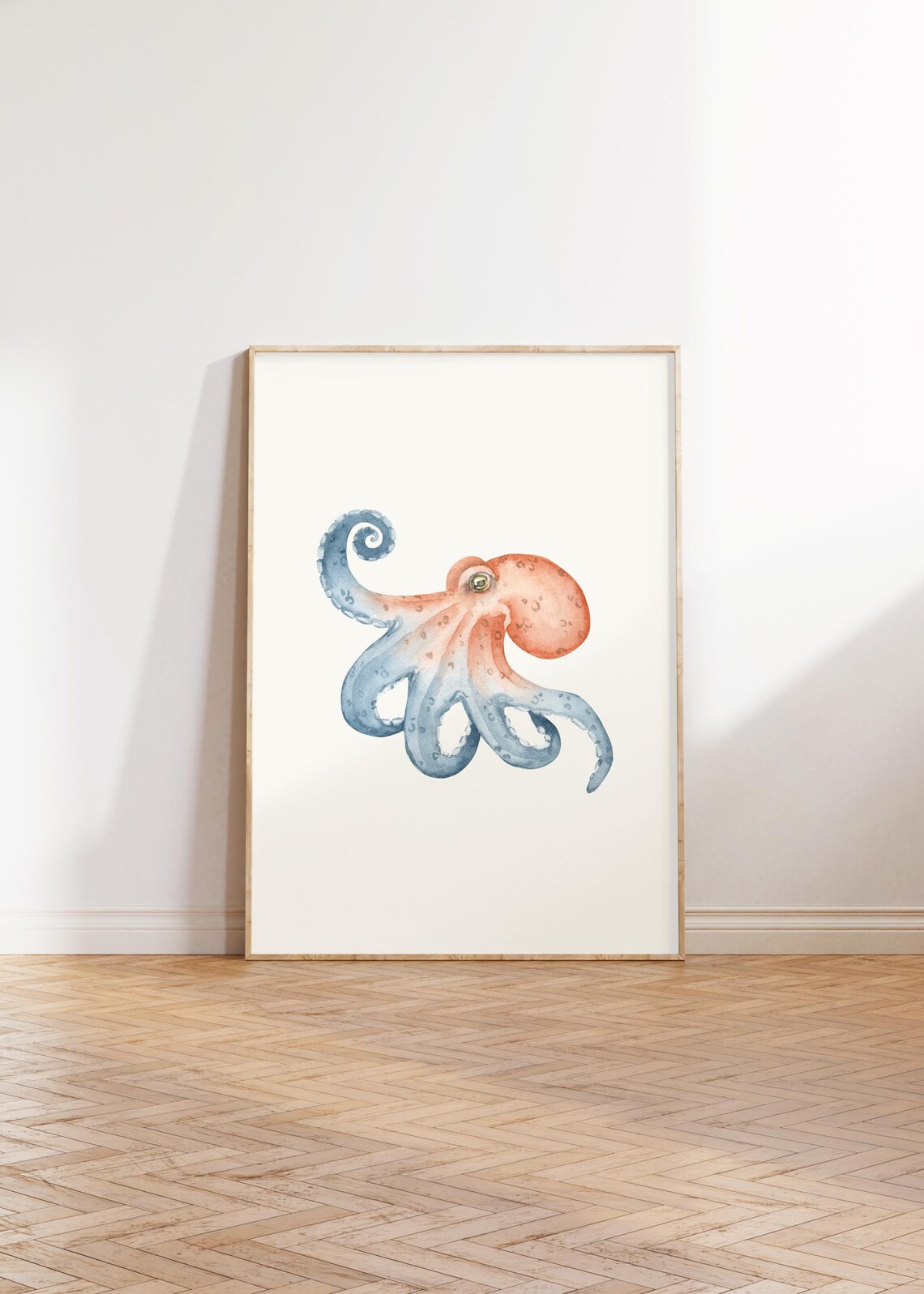 Coral and Blue Watercolor Octopus Curling Tentacles Sea Life Art Poster - Image 2