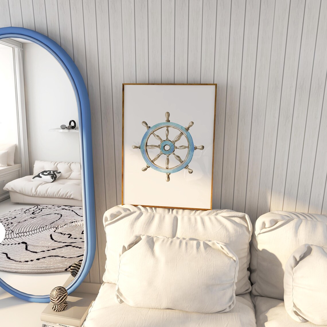 Wooden Ship Wheel Blue Rim Soft Watercolor Classic Nautical Decor Poster - Image 5