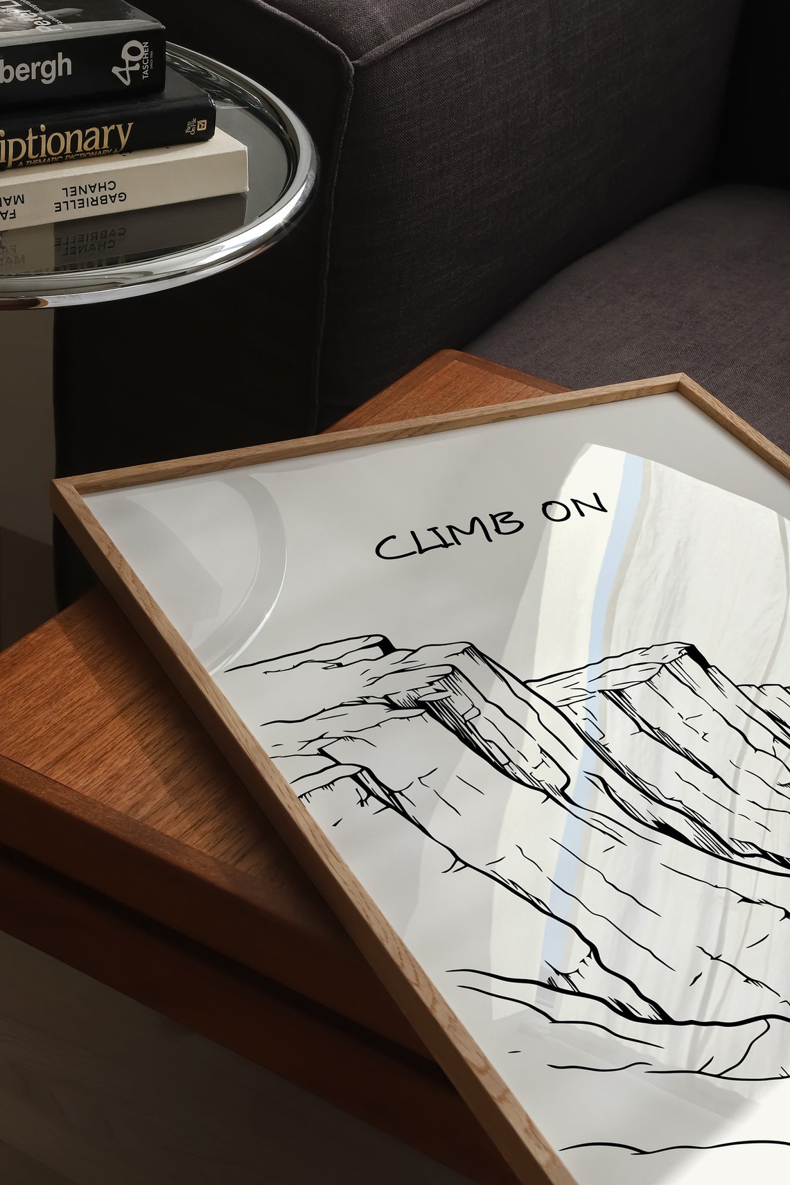 Climb On Minimalist Rock Climbing Desert Cliff Line Drawing Poster - Image 4