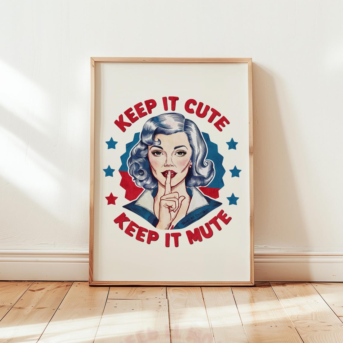 Keep It Cute Keep It Mute Retro Red Blue Star Sassy Quote Poster - Image 2