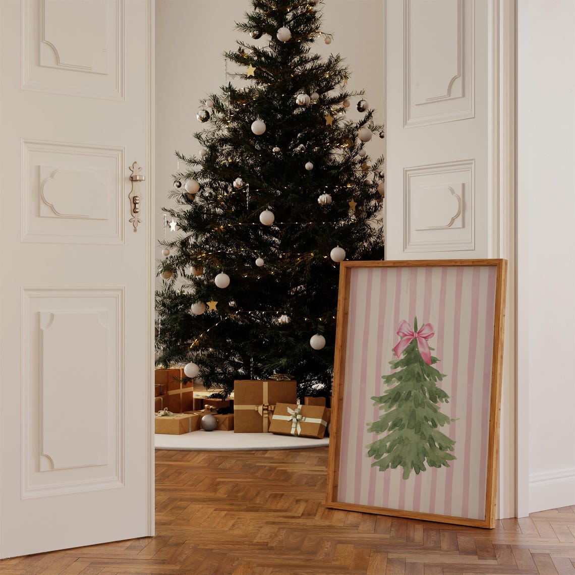 Coquette Pink Christmas Tree Watercolor Poster with Pink Bow - Image 2