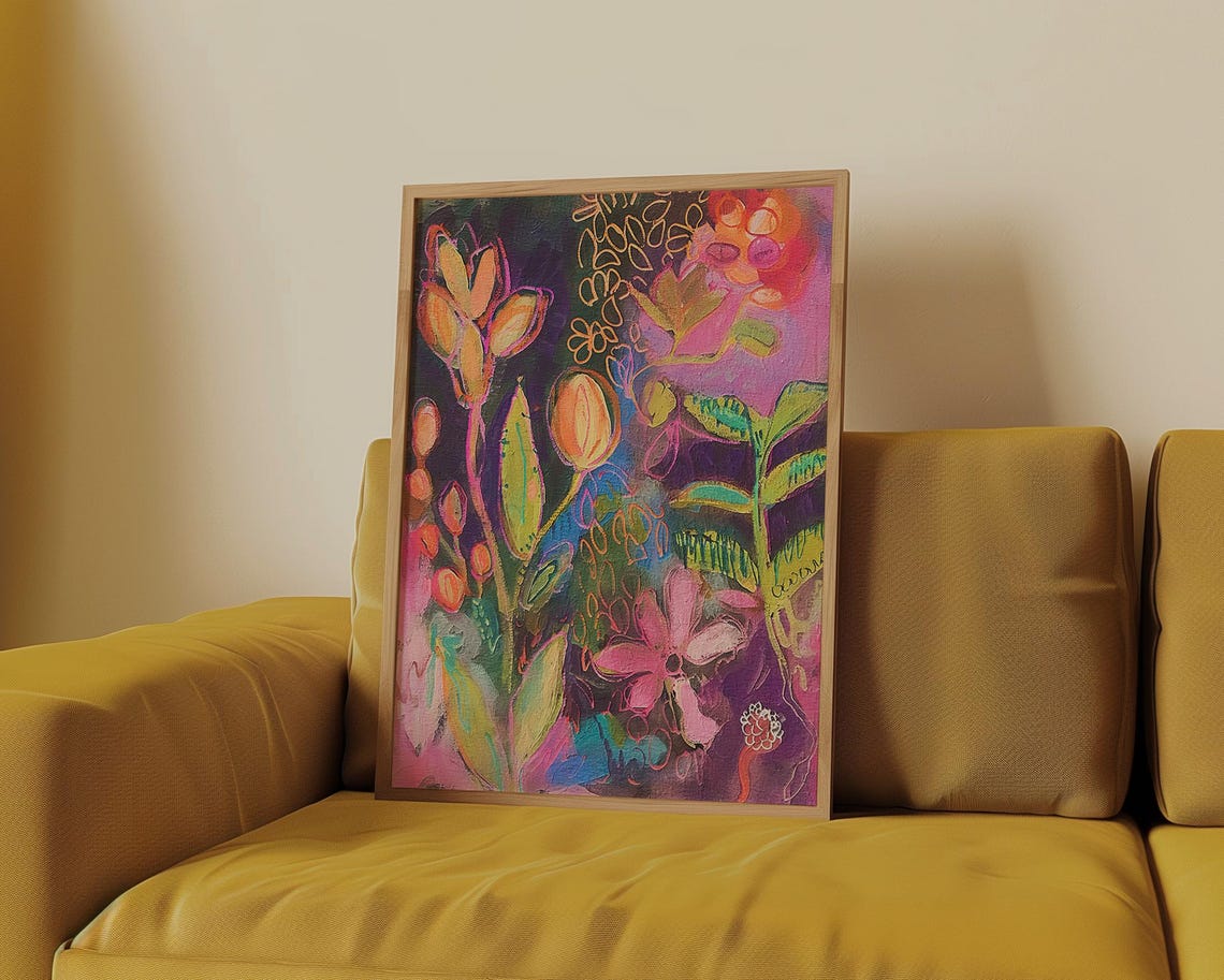 Neon Floral Abstract Dark Background Botanical Maximalist Poster - Image 3