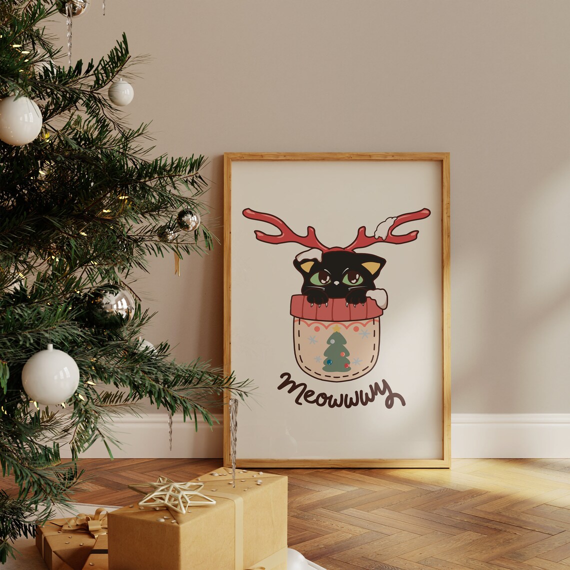 Meowwwy Black Cat With Reindeer Antlers in Stocking Art Poster - Image 4