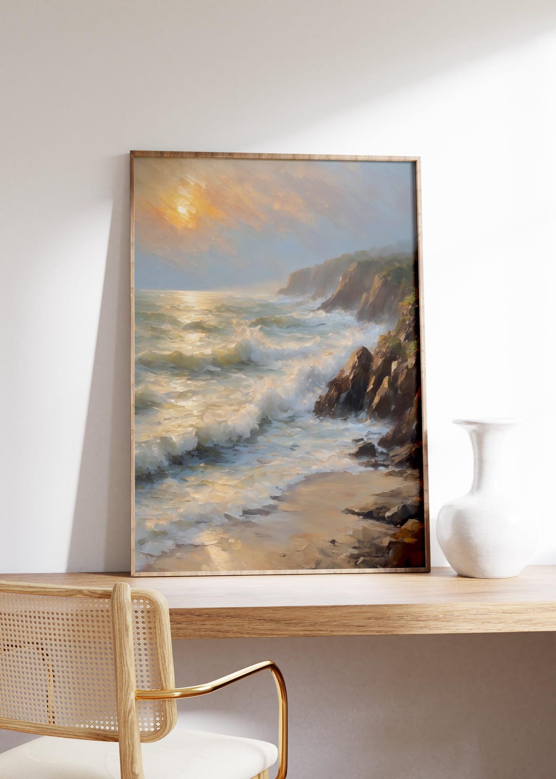 Moody Coastal Cliffs Dramatic Golden Sunset Seascape Art Poster - Image 3