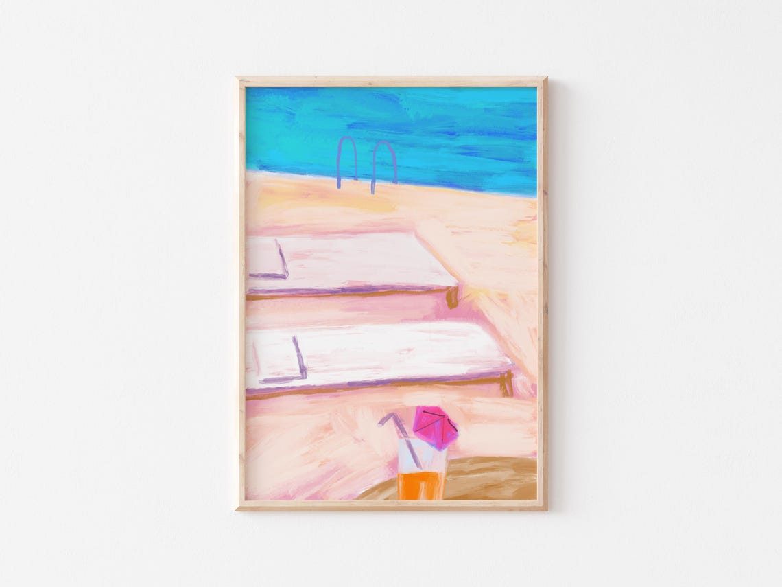 Pastel Pool Deck Pink Lounge Chairs Cocktail Summer Art Poster - Image 4