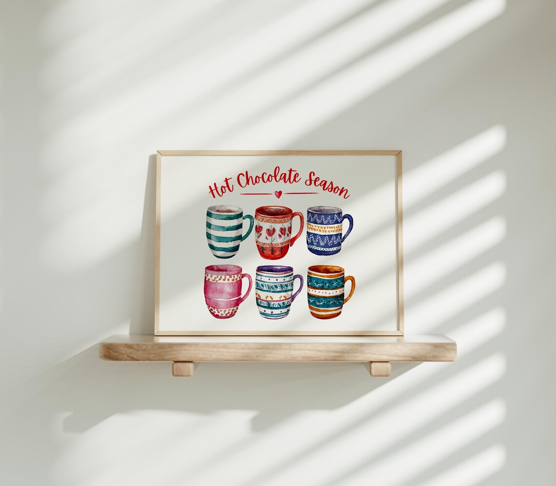 Hot Chocolate Season Watercolor Mugs Festive Holiday Kitchen Wall Art - Image 5