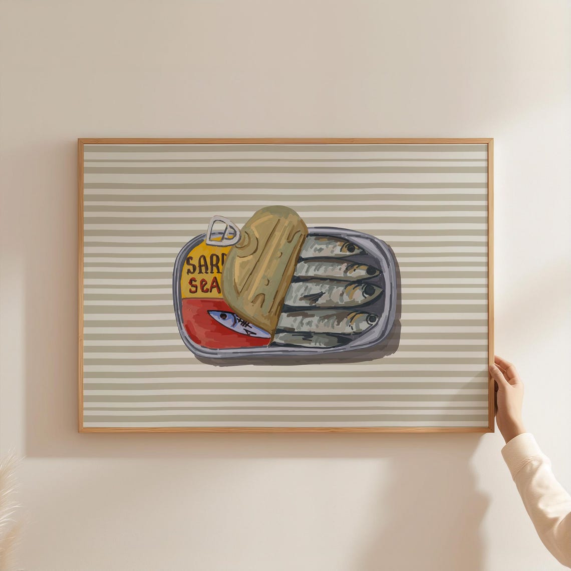 Sardine Tin Illustration on Beige Stripes for Kitchen Decor Poster - Image 4