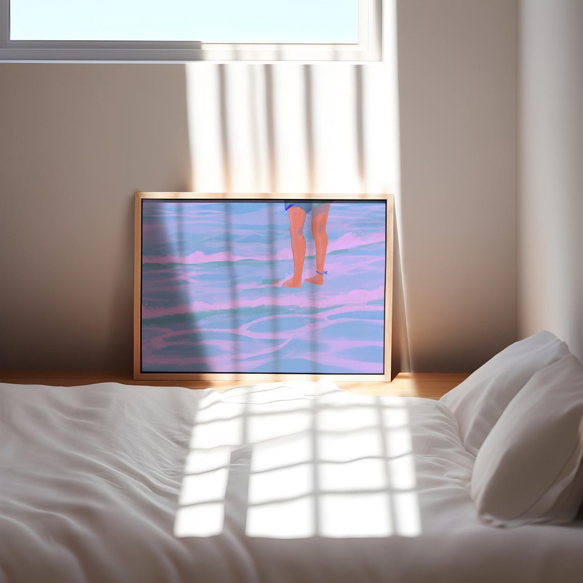 Dreamy Pink Blue Ocean Waves Wading Legs Summer Beach Art Poster - Image 3