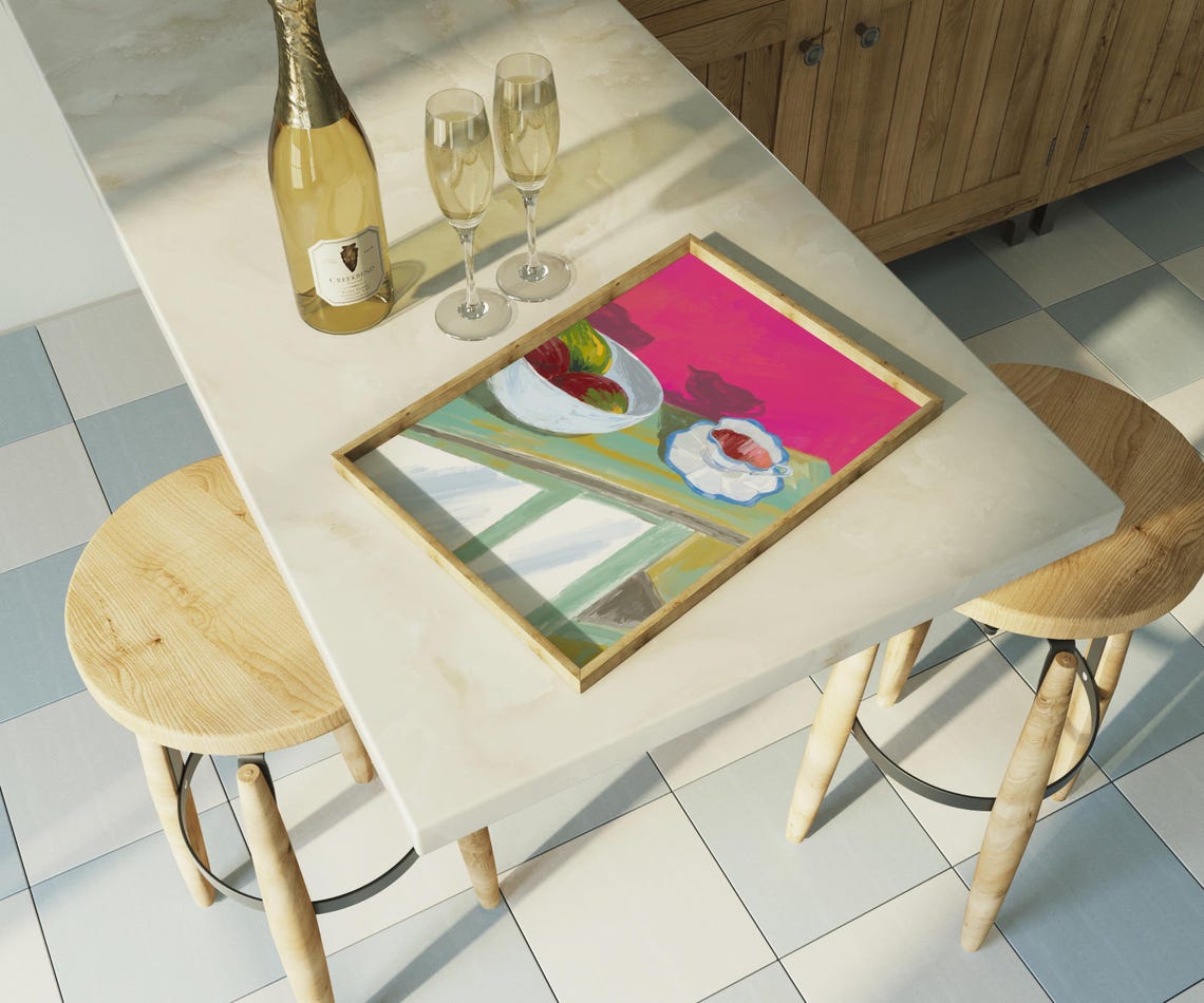 Still Life Fruit Bowl And Teacup Hot Pink Modern Kitchen Poster - Image 2