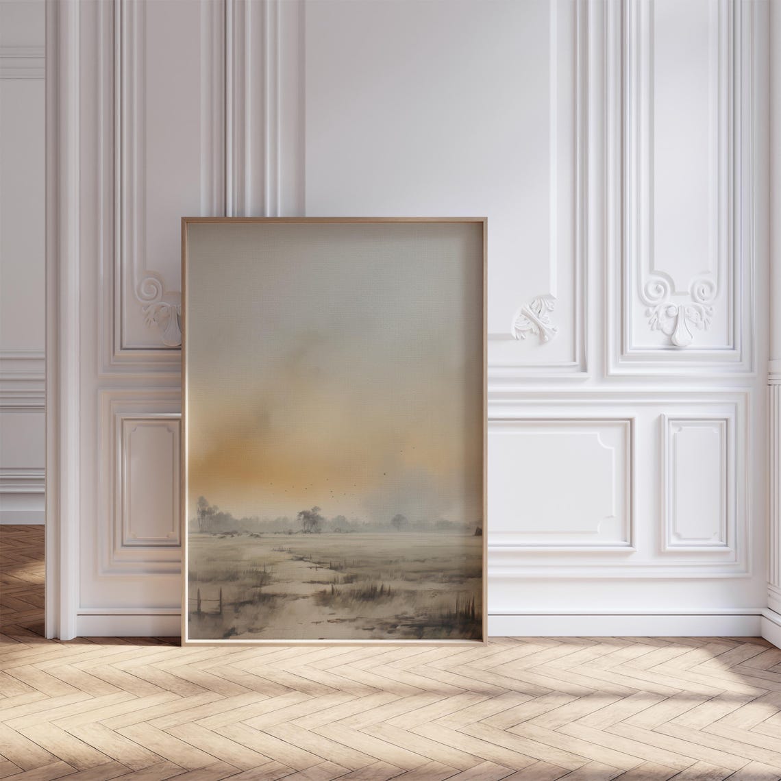 Warm Sunset Glow Settling Over Misty Meadow With Birds Print - Image 2