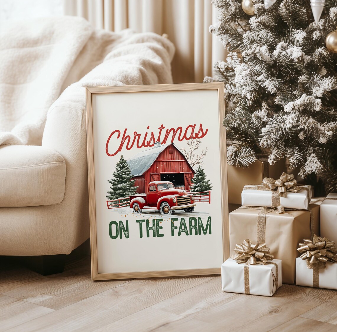 Christmas on the Farm Vintage Red Truck and Barn Snow Poster - Image 2